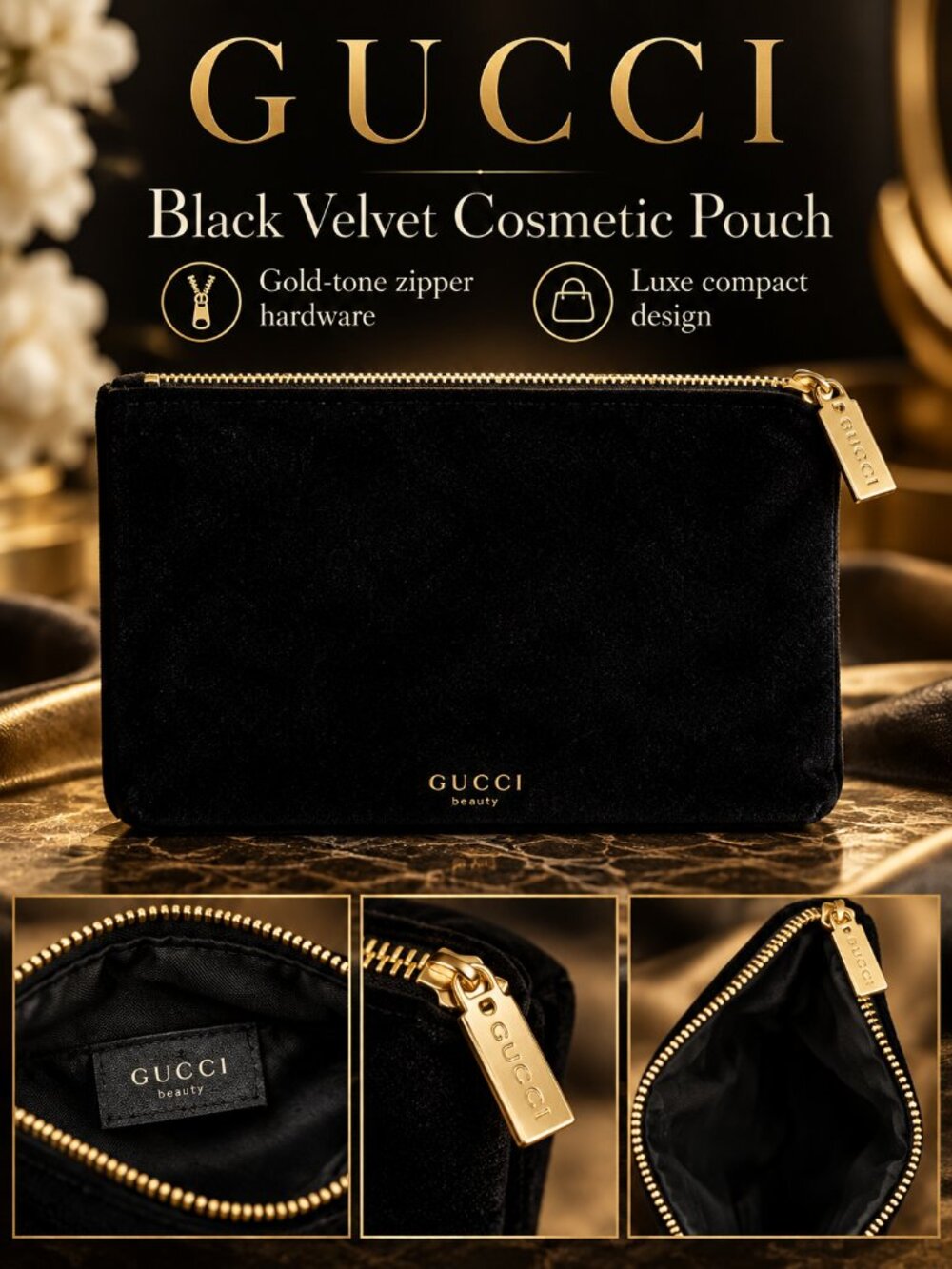 Gucci Beauty Black Velvet Cosmetic Pouch Gold Hardware